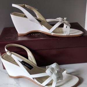 Etienne Aigner White Leather Wedge Sandals with Floral Accent